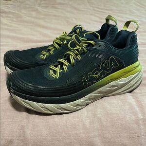 Hoka Black and Green Athletic Shoes with Signature Cushioning